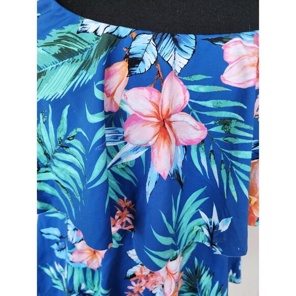 Liz Claiborne Swim Top Blue/Floral Layered Ruffled Adjust Straps Size 10 - Picture 2 of 8